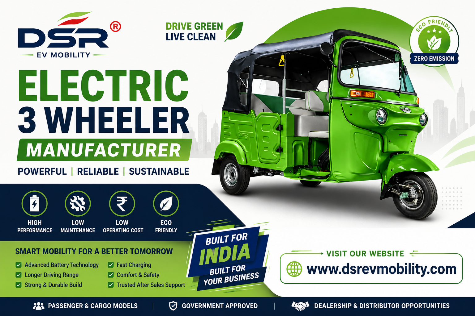 Green electric 3 wheeler manufacturer poster by DSR EV Mobility
